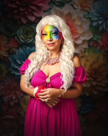 Woman with rainbow makeup. Fantasy make-up. Fine art beauty portrait.の写真素材