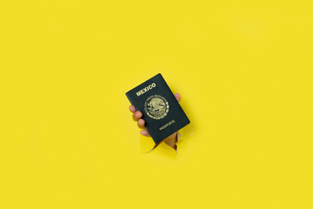 Female hand emerging from a hole in a torn paper background holding a Mexican passport.の写真素材