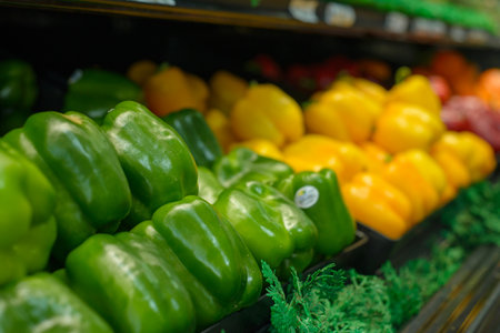 Green bell pepper on a supermarket shelf.の写真素材