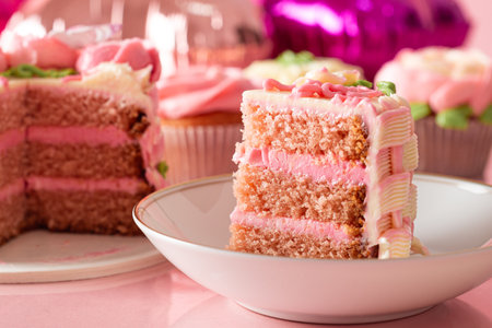Slice of cake on a plate. Close up, pink colors.の写真素材