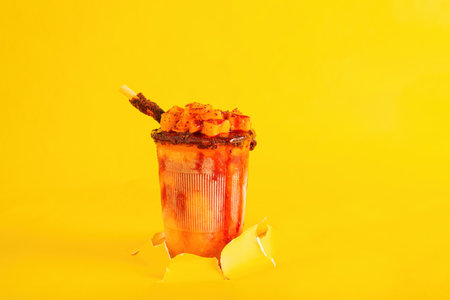 Mangonada, typical mexican mango smoothie isolated on yellow background.
