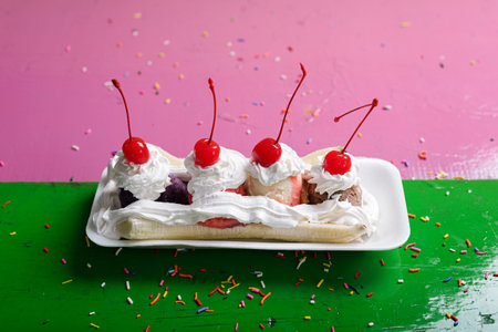 Banana split decorated with cherries on a colorful background. Copy space.の写真素材