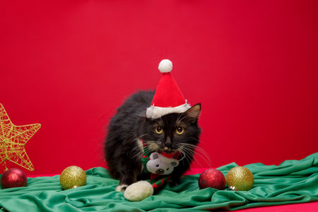 Black cat with white chest wearing Christmas accessories with red background. Copy space.の写真素材