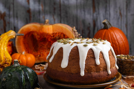 Pumpkin cake decorated with cream cheese frosting. Autumn vibes.の写真素材