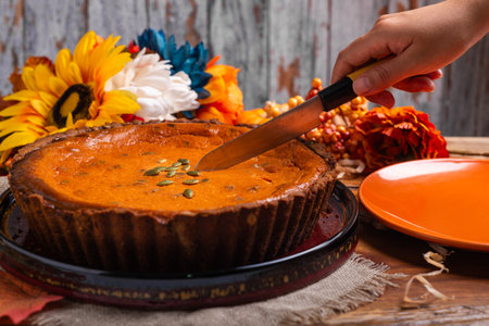Pumpkin pie on table with autumn decorations. Thanksgiving Day.