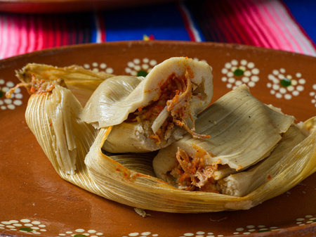 Meat tamale cut on a clay plate. Space for copy.の写真素材