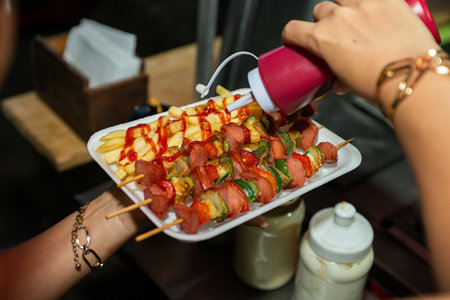 Delicious Street Food Skewers and Fries Served in Styrofoam Tray.の写真素材