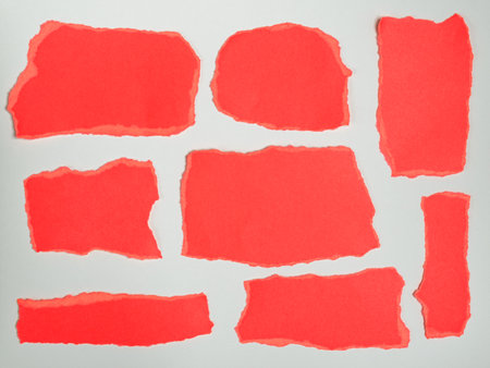 A collection of torn pieces of coral-colored paper arranged on a plain white surface. Torn paper set.の写真素材