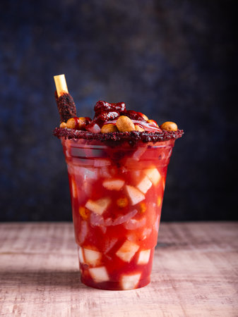 A mixture of sweet, salty and spicy ingredients. Typical snack from Mexico.