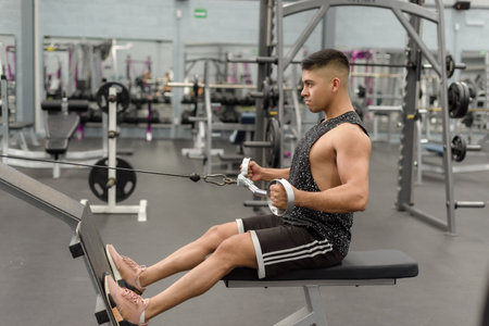 A young man intensely focuses on a seated cable row exercise in a well-equipped gym.の写真素材