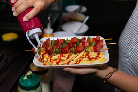 Street Food Skewers and Fries Served in Styrofoam Tray.の写真素材