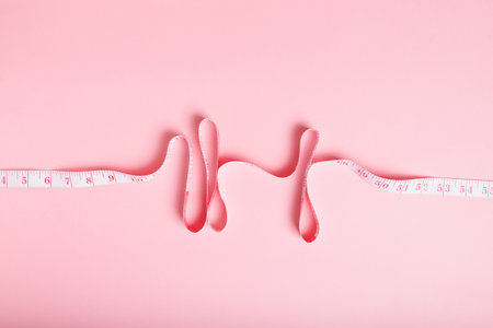 A pink measuring tape elegantly curves across a soft pink background
