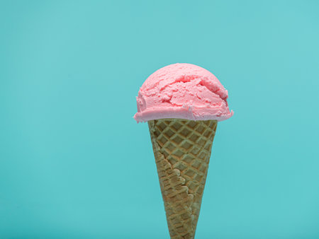 A single scoop of pink ice cream sits atop a crispy waffle cone, set against a vibrant turquoise...