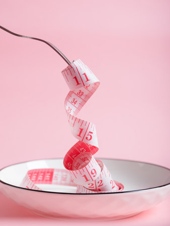A pink measuring tape delicately draped on a fork rests in a white dish. Weight management concept.