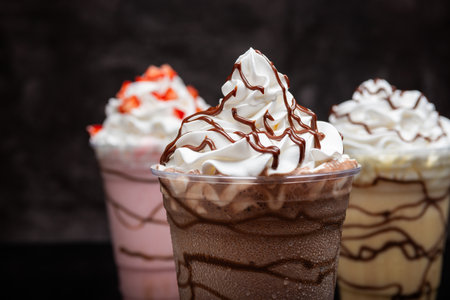 Milkshakes of different flavors on a dark background.の写真素材