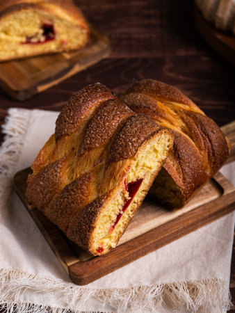 Typical mexican sweet bread on wooden table. Braided bread filled with jam.の写真素材