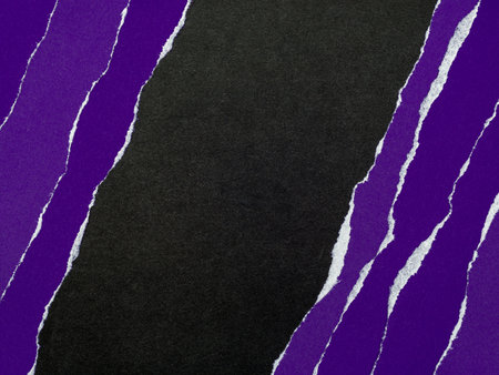 Strips of torn purple paper with wavy, irregular edges reveal a black paper background.