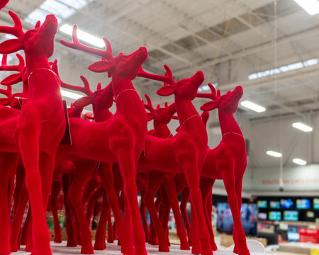 Red Velvet Reindeer Statues Decoration for Winter Holiday Seasonの写真素材