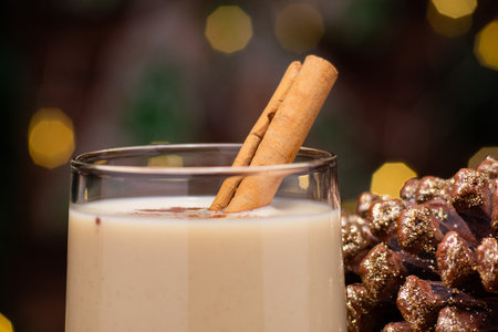 Traditional Holiday Drink Eggnog with Cinnamon Stick and Blurred Backgroundの写真素材