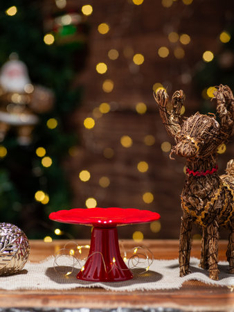 Cupcake stand with decorations and Christmas backgroundの写真素材