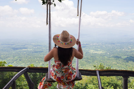 Back View of Woman on Swing Overlooking Lush Green Landscapeの写真素材