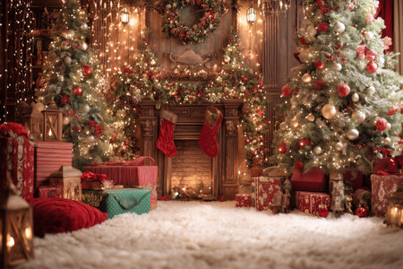Warm and Festive Christmas Tree and Fireplace Decoration with Presents. Background.の素材