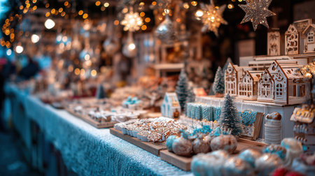 Festive Christmas Market Stall Displaying Decorative Houses and Holiday Treatsの素材