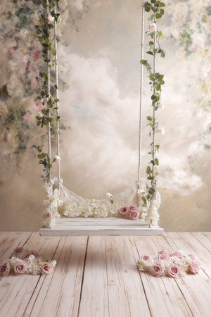 Elegant Floral Decorated Wooden Swing with Flowers for a Festive Sceneの素材