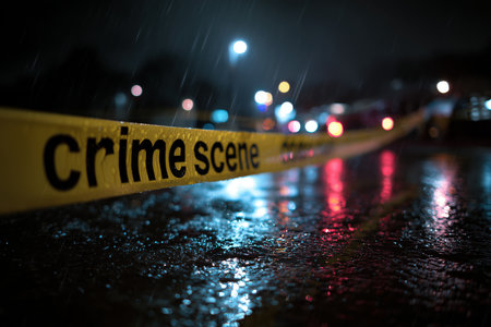 Atmospheric Crime Scene Tape at Night in a Rainy Suburban Areaの素材