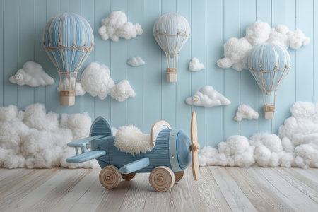 Charming Pastel Airplane and Hot Air Balloon Decoration in Dreamy Cloud Settingの素材