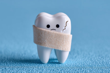Cute Tooth Model Wrapped in Bandage with Sad Face Health Careの素材