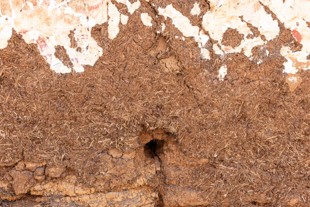 Close-up of an old wall, a mixture of mud, straw, and exposed textures, with a small dark hole.の写真素材