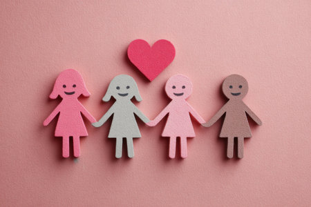 Minimalist Flat Lay Paper Cutout People Holding Hands With Heart Symbolの素材