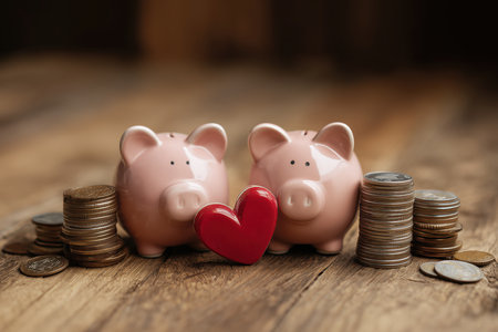Stacks of coins surround the piggy banks, suggesting savings and wealth building.の素材