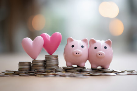 Stacks of coins surround the piggy banks, suggesting savings and wealth building.の素材