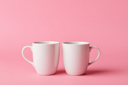 Two white blank mugs mockup on pastel pink backgroundの素材