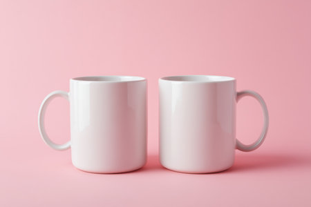 Two white blank mugs mockup on pastel pink backgroundの素材