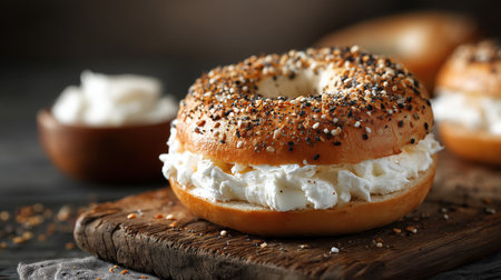 Delicious Fresh Bagel with Cream Cheese and Everything Seasoning Breakfastの素材