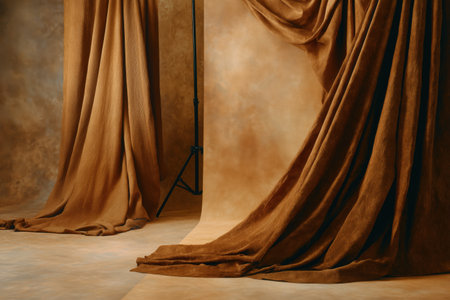A brown backdrop with draped fabric and studio lighting equipment.の素材