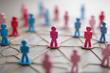Close-up on wooden figurines connected by string representing a network or organizationの素材