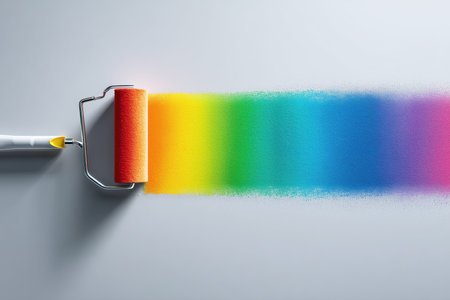 A paint roller with vibrant rainbow colors paints a colorful trail on a light gray wall.の素材