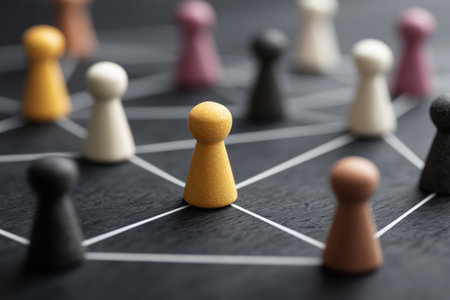 A conceptual image showcasing a network of interconnected wooden pawn figures, symbolizing connection, communicationの素材