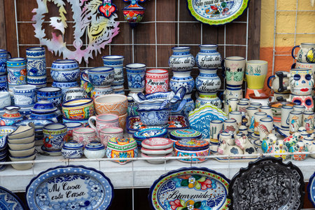 Colorful Artistic Talavera Style Pottery Souvenir Display From a Market Stall. Mexican street market