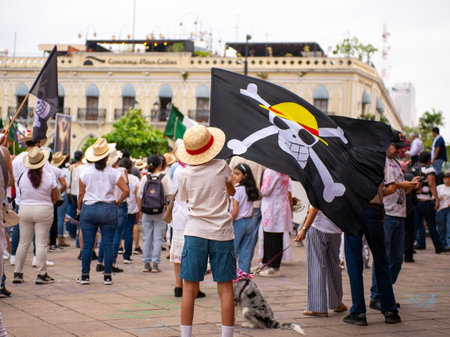 Colima, Colima. Mexico. November 15, 2025. March organized by Generation Z. Boy waving a One Piece flag.のeditorial素材
