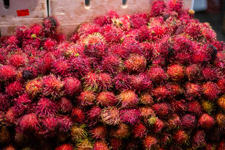 Fresh Close-up Rambutan Fruit Pile Exotic Display For Saleの写真素材