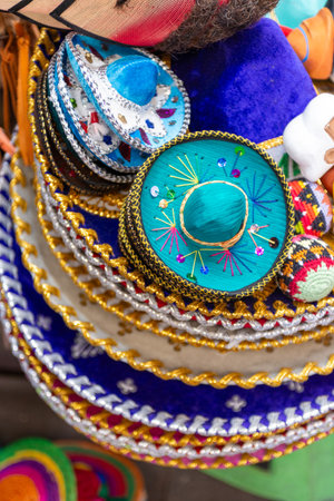 Colorful Traditional Display of Miniature Souvenir Sombrero Hats for Mexican Cultureの写真素材