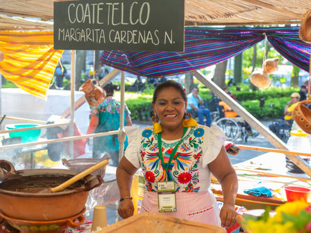 Cuernavaca, Morelos. Mexico. November 7, 2025. X World Forum on Mexican Gastronomy. Mexican Woman Selling Traditional Food at Local Marketのeditorial素材