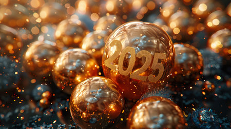 Golden balloons with the inscription 2025 on a bokeh background.の素材