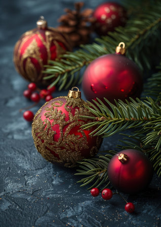 Pine branches and christmas balls. Christmas decoration. Background.の素材