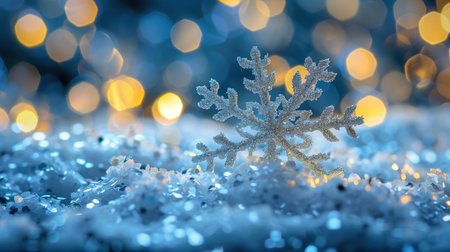 Snowflakes on snow with Christmas lights bokeh. Christmas background.の素材